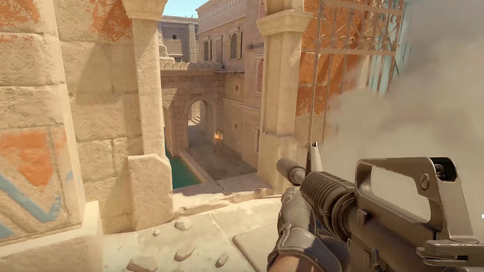 A first-person angle where footstep audio decides the duel