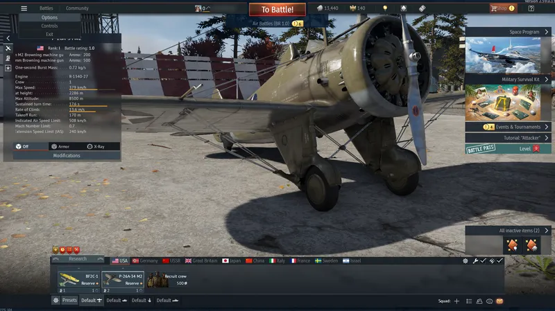 Hangar with the top-left menu open